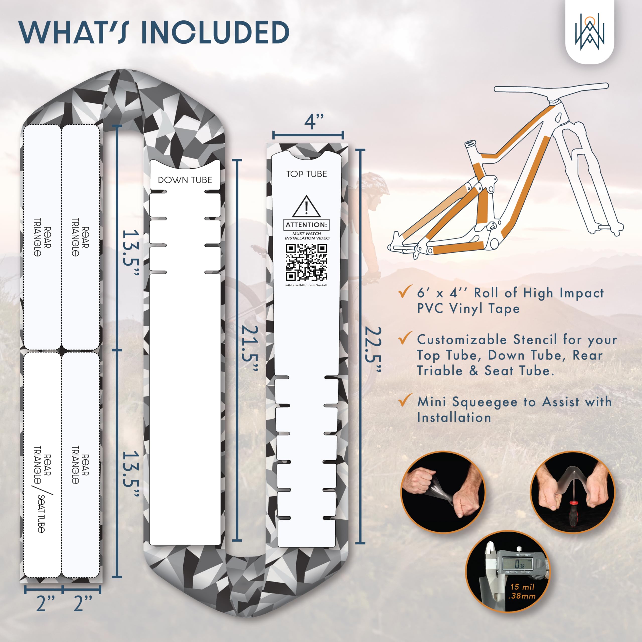 Bike Frame Protection Tape- High Impact Clear Vinyl Wrap Includes Tool (4”x72) Bicycle Frame Protector, Mountain Bike Frame Guard Chainstay Protector (Art Deco)