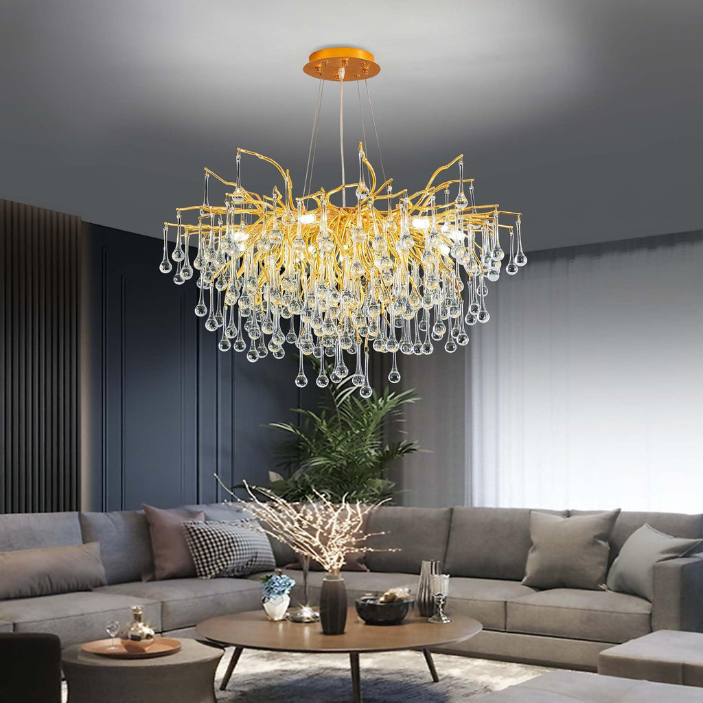 Modern Crystal Raindrop Chandelier, L40'' Black Linear Rectangle Art Deco Tree Branch Lighting Fixture for Kitchen Island Living Room Foyer Staircase 10 Lights