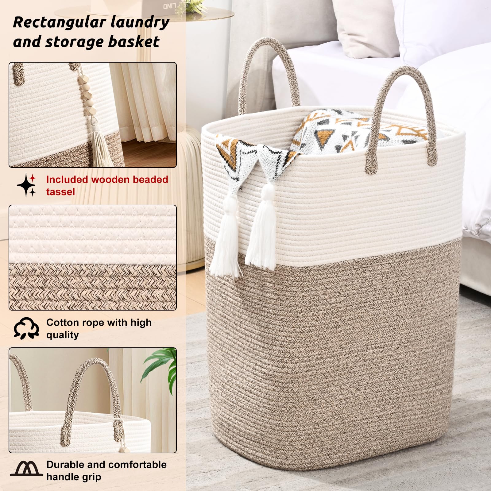 Woven Laundry Basket for Clothes, 50L Large Rectangle Laundry Hampers with Beads Tassel, Nursery Storage Basket for Toys, Tall Dirty Clothes Hamper for Bedroom Aesthetic, Laundry Room Organization
