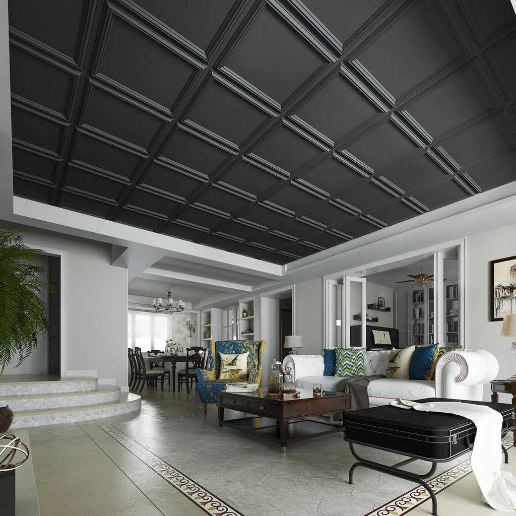 Art3d Drop Ceiling Tiles 24x24in. (12-Pack, 48 Sq.ft), Wainscoting Panels Glue Up 2ft x 2ft for Interior Décor in Living Room, Bedroom & Office, Star Black