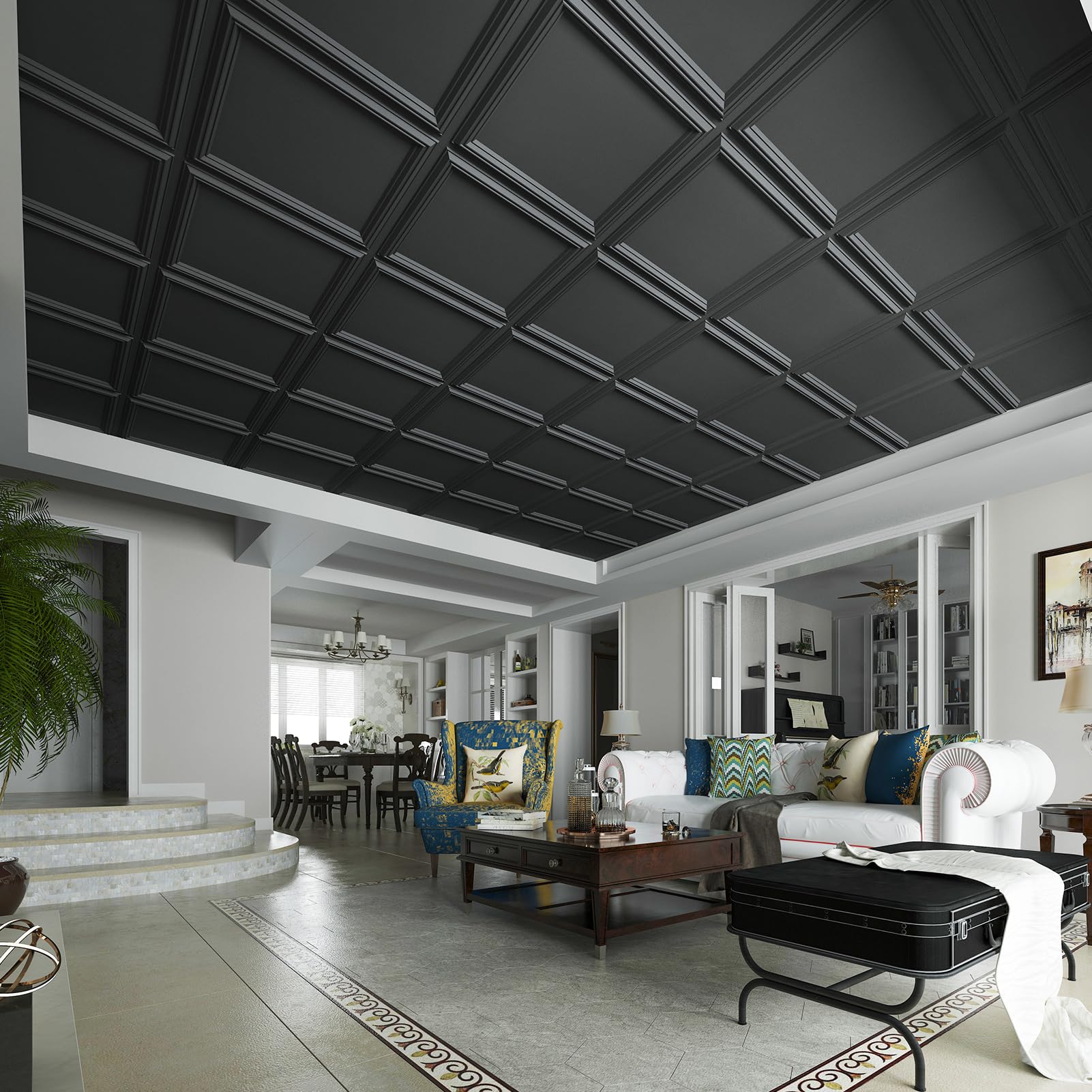 Art3d Drop Ceiling Tiles 24x24in. (12-Pack, 48 Sq.ft), Wainscoting Panels Glue Up 2ft x 2ft for Interior Décor in Living Room, Bedroom & Office, Star Black