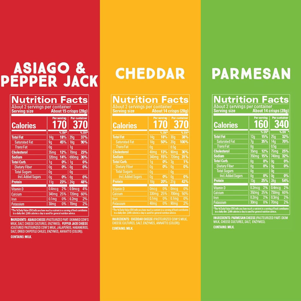 Whisps Cheese Crisps Variety Pack | Protein Chips | Healthy Snacks | Protein Snacks, Gluten Free, High Protein, Low Carb Keto Food | Parmesan, Cheddar Cheese, Asiago, Pepper Jack (2.12 Oz, 6 Pack)