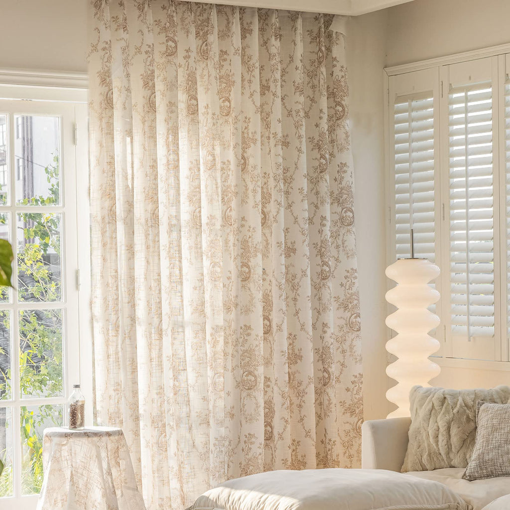 SUOUO Blue Leaf Semi Sheer White Curtains for Bedroom Dining Living Room Linen Textured 84 inches Long Rod Pocket Boho Window Drapes 2 Panels