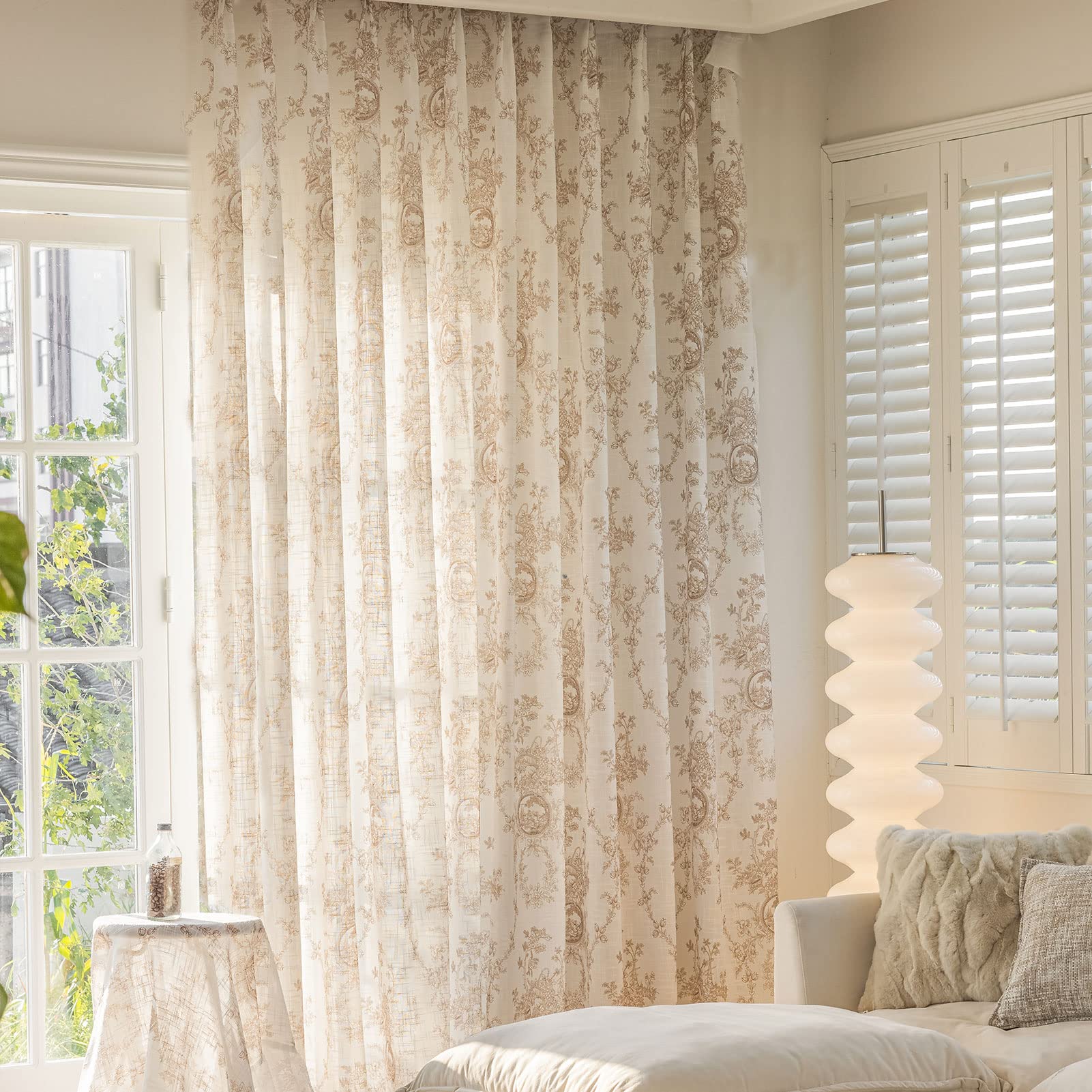 SUOUO Blue Leaf Semi Sheer White Curtains for Bedroom Dining Living Room Linen Textured 84 inches Long Rod Pocket Boho Window Drapes 2 Panels