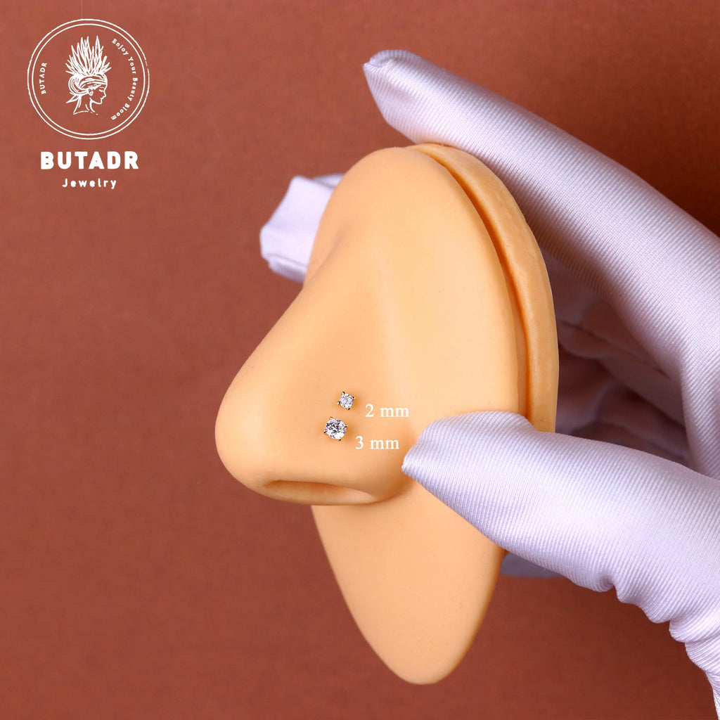 14K Real Gold Nose Studs, 18G 20G Solid Gold L Shaped Nose Rings, Simulated Diamond CZ Hypoallergenic Nose Piercings for Women Men 1.5 2 3MM