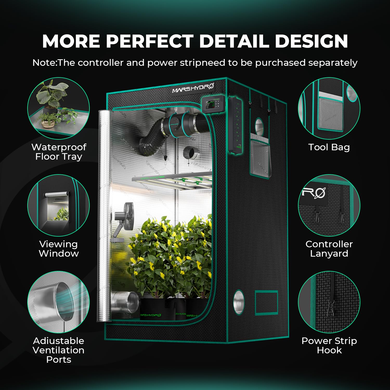MARS HYDRO 2x2x3 Advanced Grow Tent, 24"x24"x36" High Reflective Mylar 1680D for Hydroponics Indoor Plant Growing, with Floor Tray and Smooth Zipper for TS600
