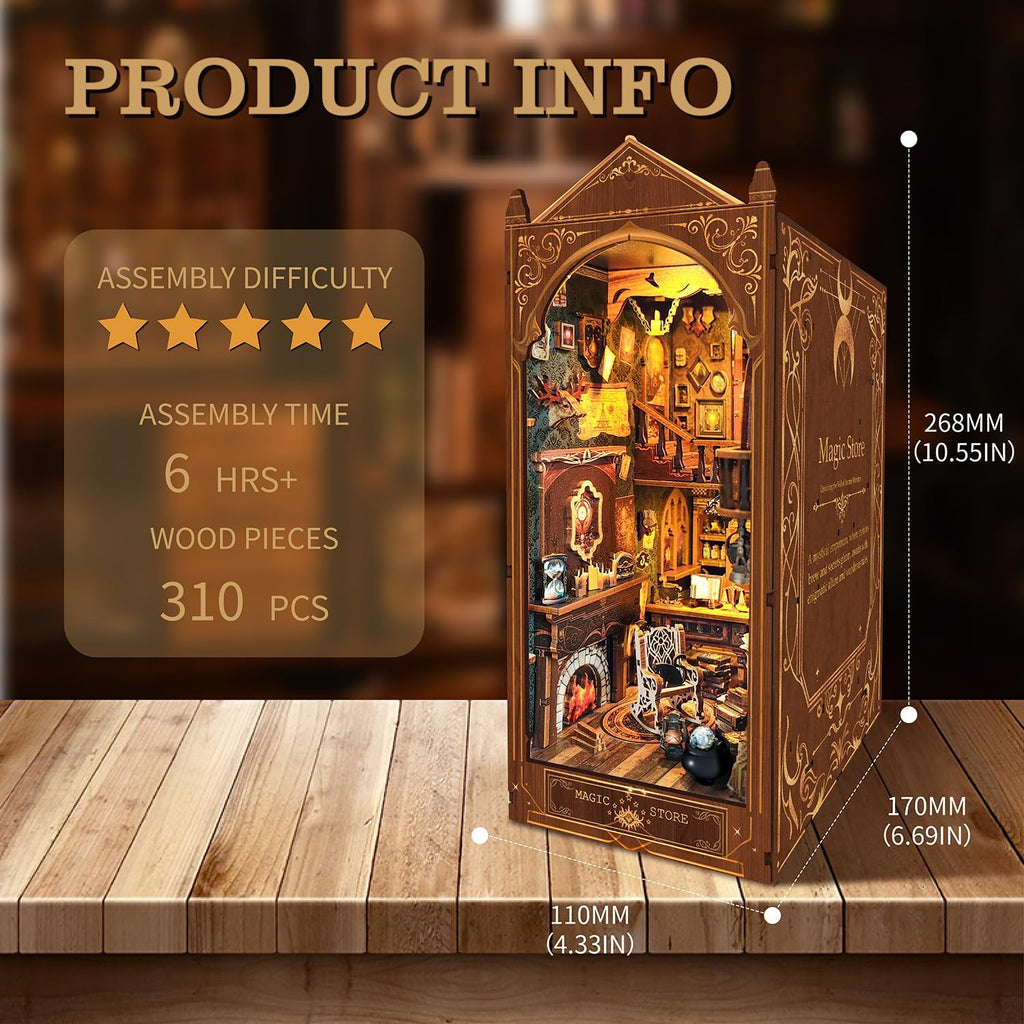 Book Nook Kit, Magic Store Dollhouse Booknook Bookshelf Insert Decor Alley DIY Miniature House Kit with Led Light Crafts for Adults to Build-Creativity Model Gift