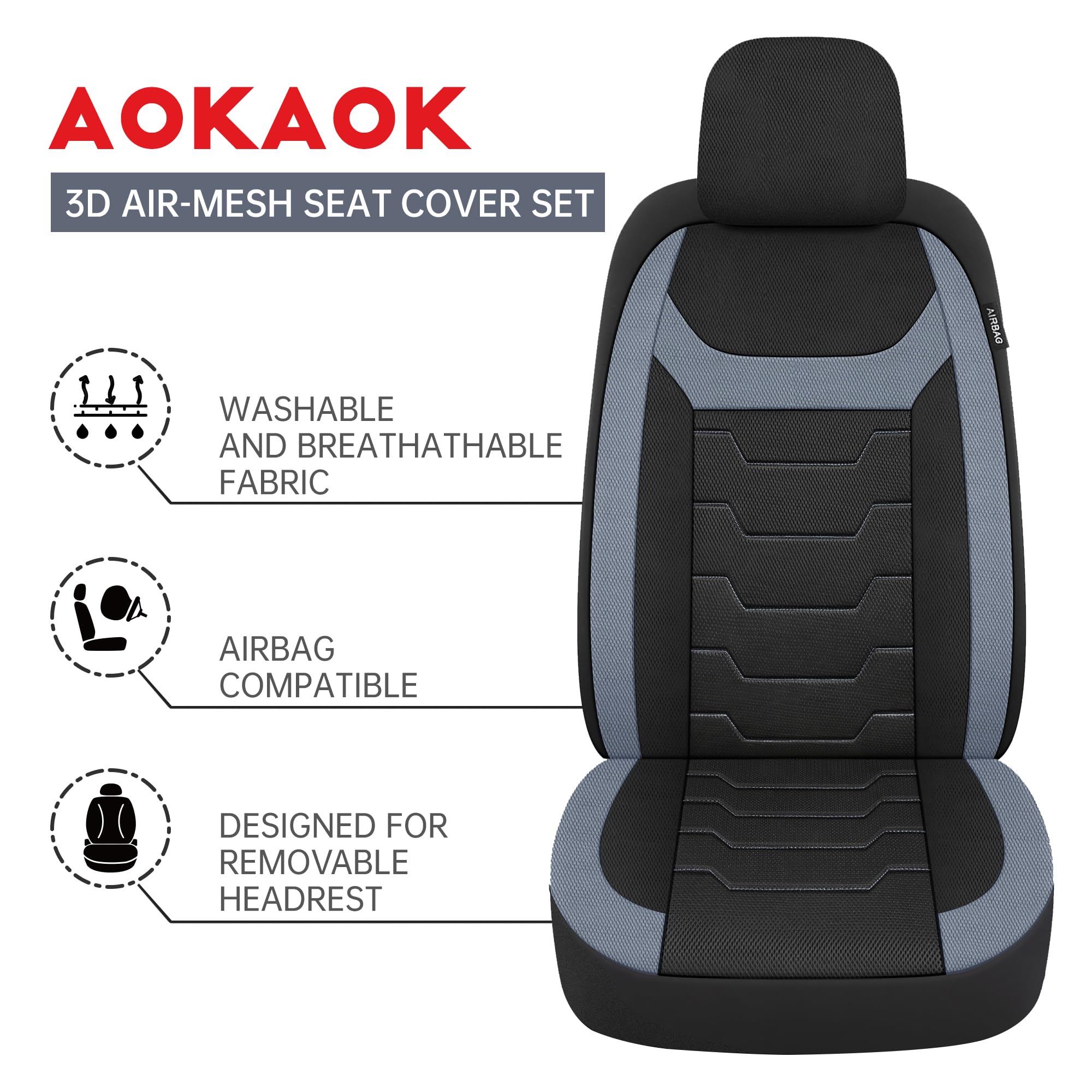 AOKAOK 3D Air-Mesh Car Seat Covers Full Set, Breathable and Split Bench Compatible Seat Covers for Cars, Universal Car Interior Covers for Most Cars Sedan Truck SUV(Black/Blue)