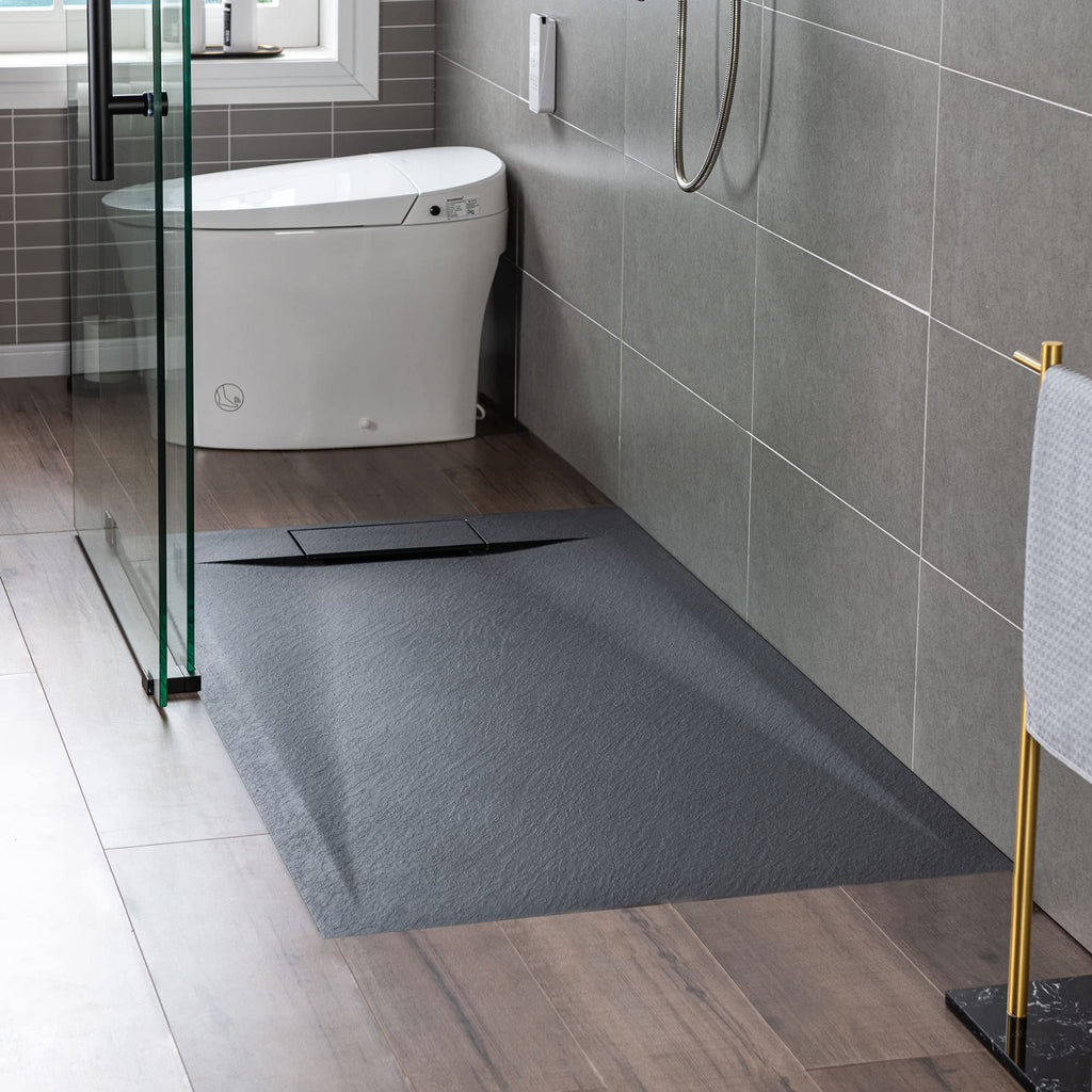 WOODBRIDGE 47.25 in L x 31.5 in W Zero Threshold Shower Base with Center Drain, Decorative Drain Plate, Tile Flange, Wheelchair Access, Low Profile, Black