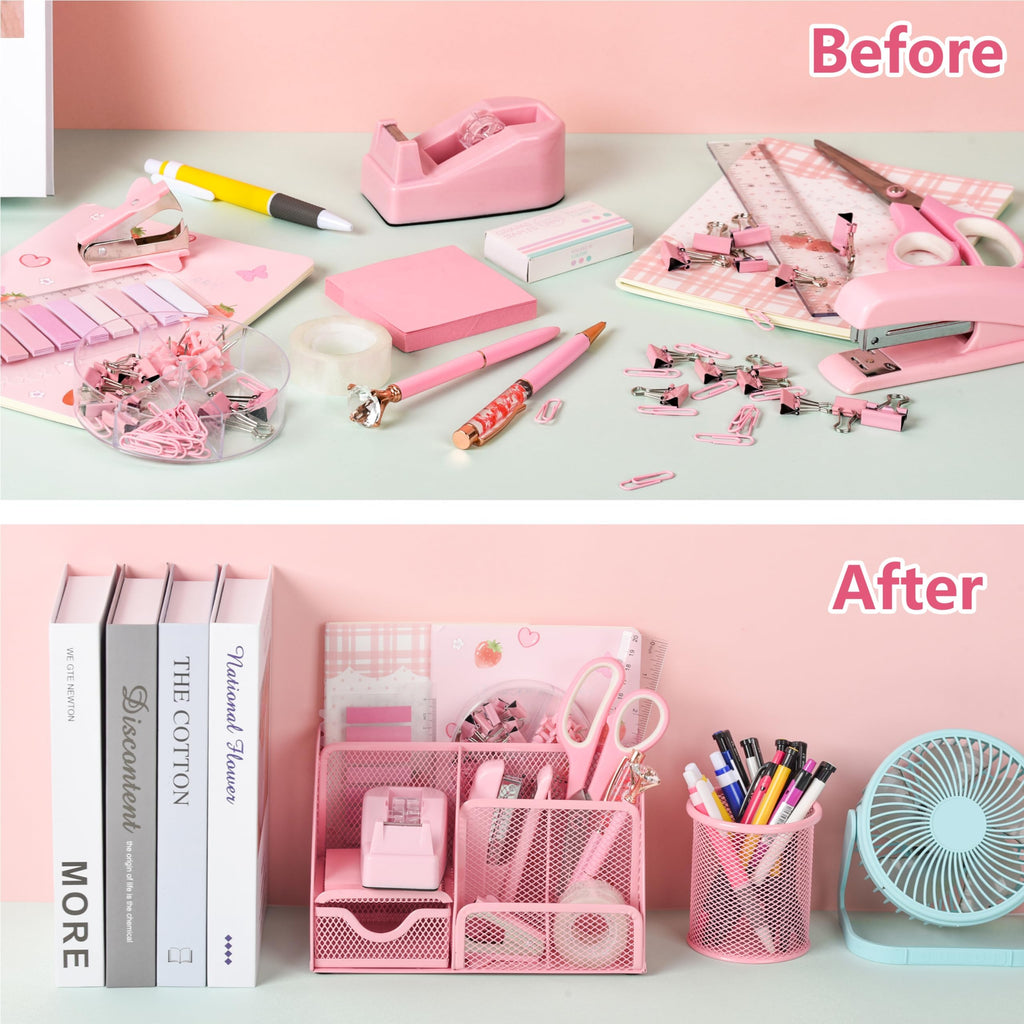 Fayoo 11 Pcs Pink Office Supplies Set Mesh Desk Organizer Accessories Kit include Stapler Tape Dispenser Staple Remover Clips Ruler Scissors Sticky Notes for Office School Home Women (Pink)