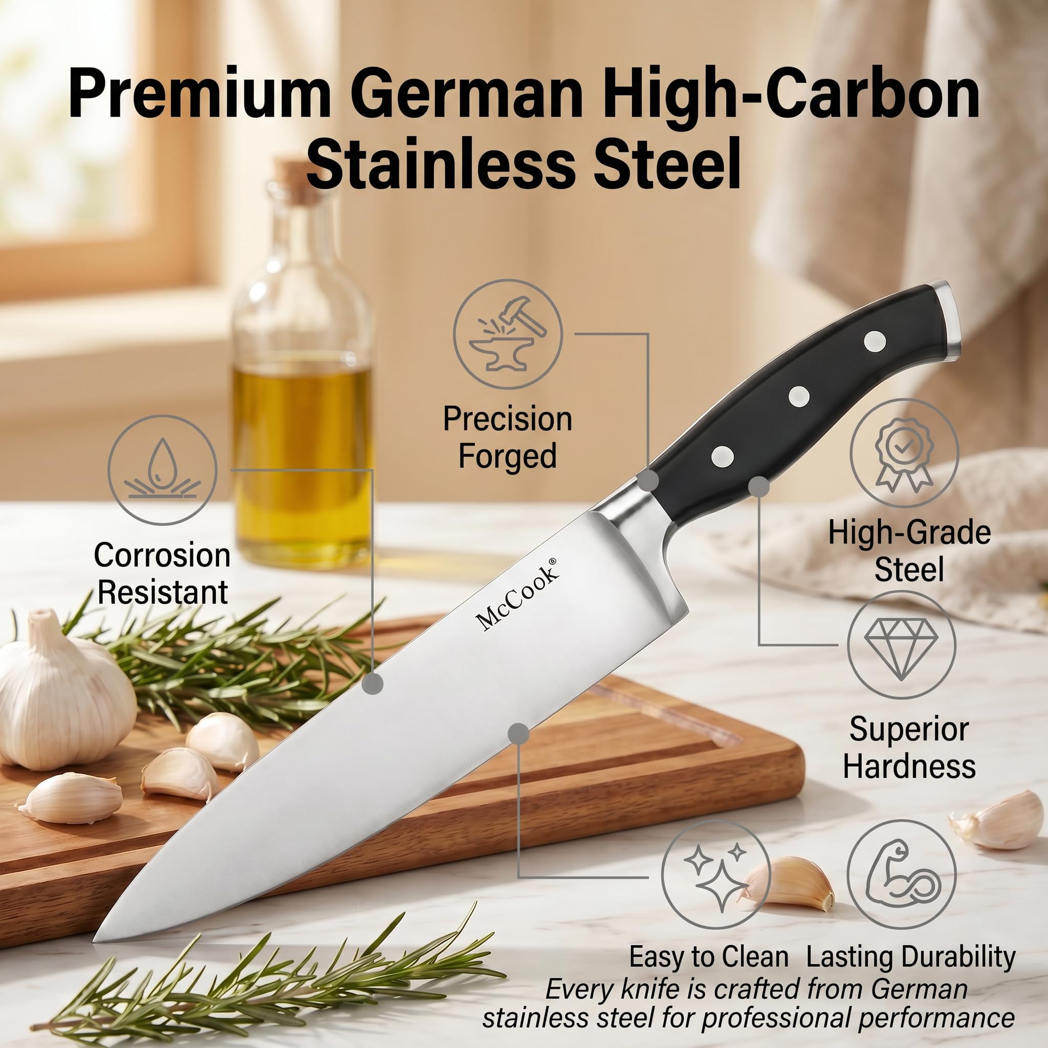 McCook® Knife Sets,German Stainless Steel Kitchen Knife Block Set with Built-in Sharpener, 20-Piece Razor-Sharp Kitchen Knives, Forged Triple Rivet,Full Tang,Ergonomic Handle,Elegant Box for Gift