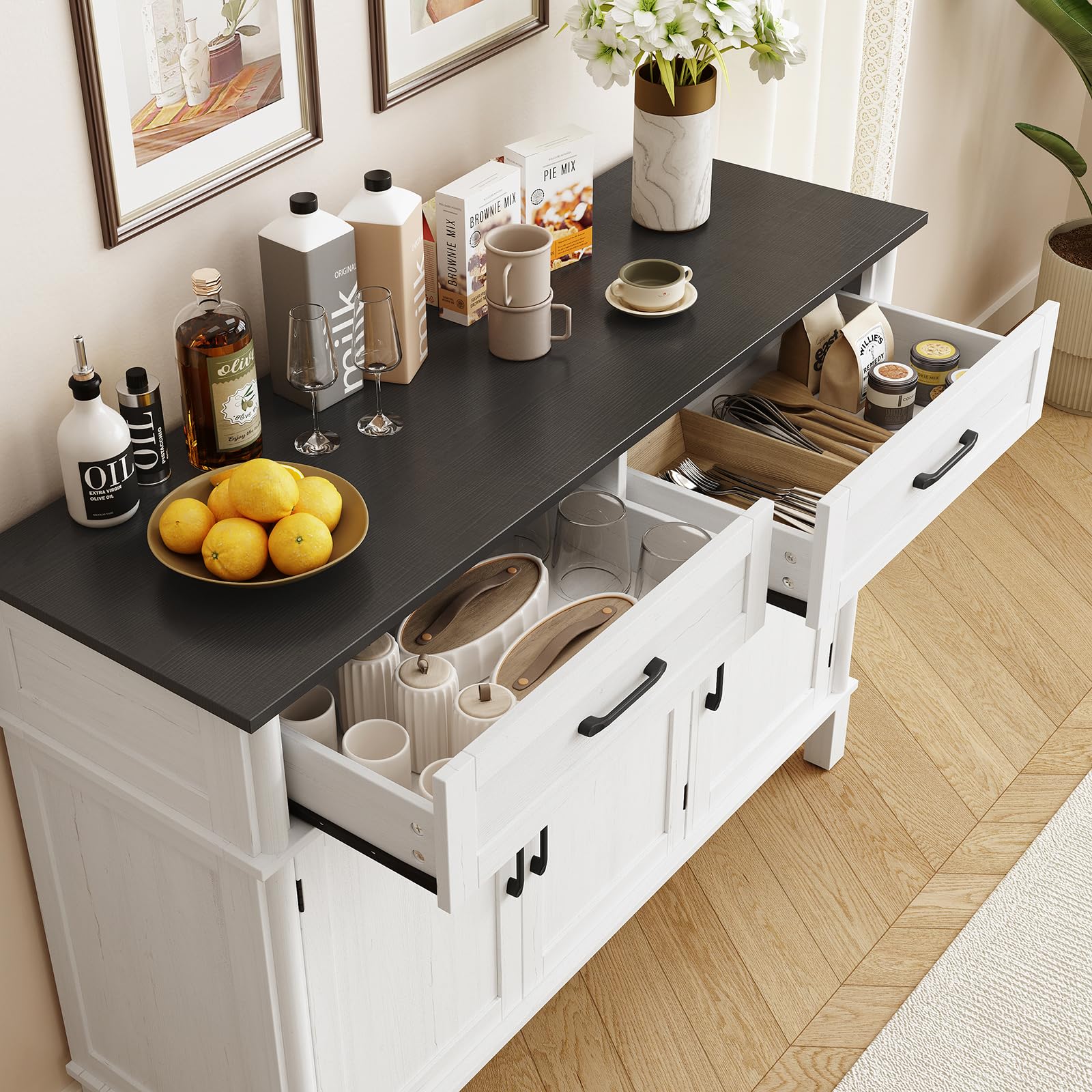 ONBRILL 48 Inches Buffet Cabinet with Storage, Farmhouse Sideboard Buffet w/2 Drawers and 3 Doors, Wood Coffee Bar Cabinet with Adjustable Shelves, Sideboard Storage for Kitchen, Living Room, Black