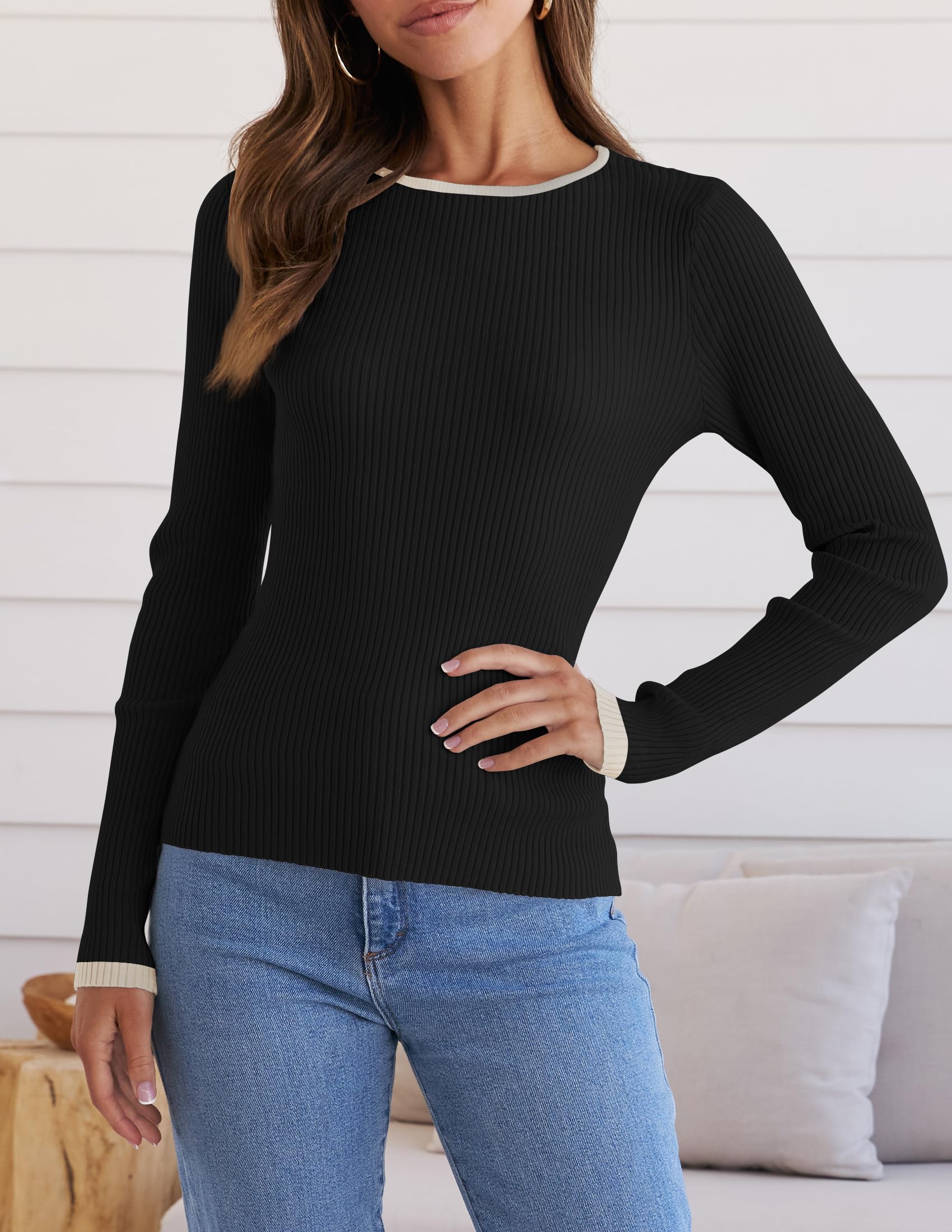 ZESICA Women's Long Sleeve Crewneck Shirts 2026 Spring Ribbed Knit Sweater Slim Fitted Casual Basic Tee Tops