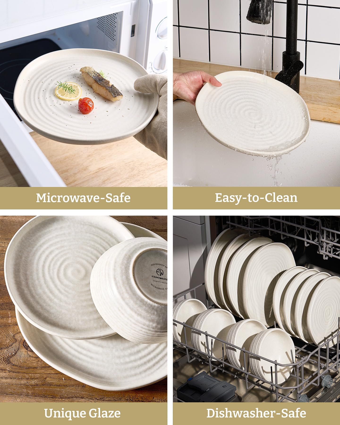 Famiware Pluto Stoneware Dinnerware Sets, 12-Piece Double Reactive Glaze Plates and Bowls Sets, Dishware Sets for Everyday & Formal Dining, Irregular Edge Dishes, Service for 4, Matte Beige White