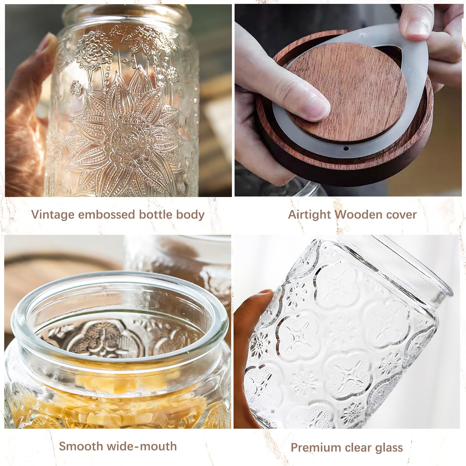 Custde Glass Storage Jars With Airtight Lid, 23.7oz Container For Kitchen Counter with Wooden Lid, brown sugar, candy, coffee, cookie, salt, tea, cute Jar (35oz Large Begonia Flowers)