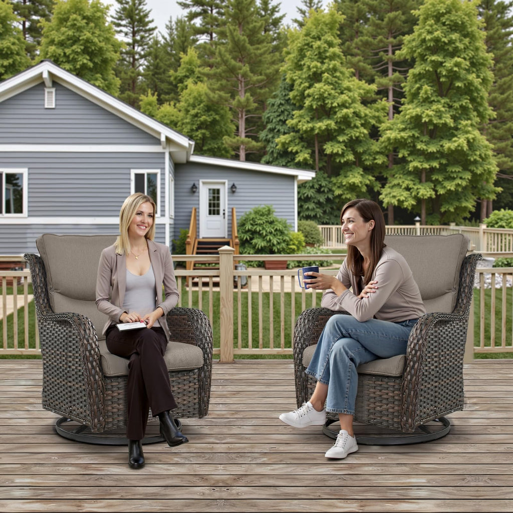 Swivel Patio Chairs Set of 2 with 5" Thick Cushion - Wicker Outdoor Swivel Rocker Patio Chairs, High Back Comfortable Outdoor Glider Chair for Balcony, Porch, Deck, Poolside - Brown/Beige