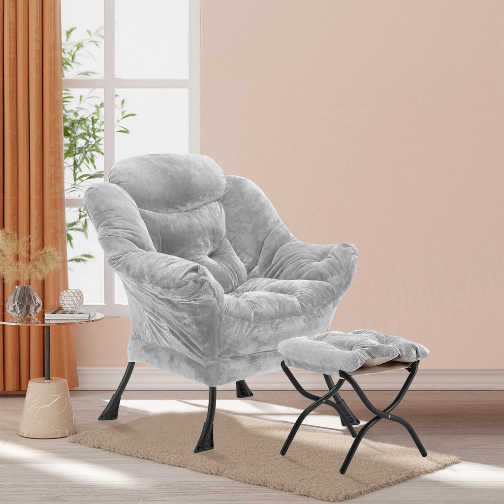 Youtanic Lazy Chair with Folding Ottoman, Accent Chair Velvet Upholstered with Metal Structure and Non-Slip Pads, Sofa Armchair with Footrest and Side Storage Bag for Dorm, Room, Office, Beige