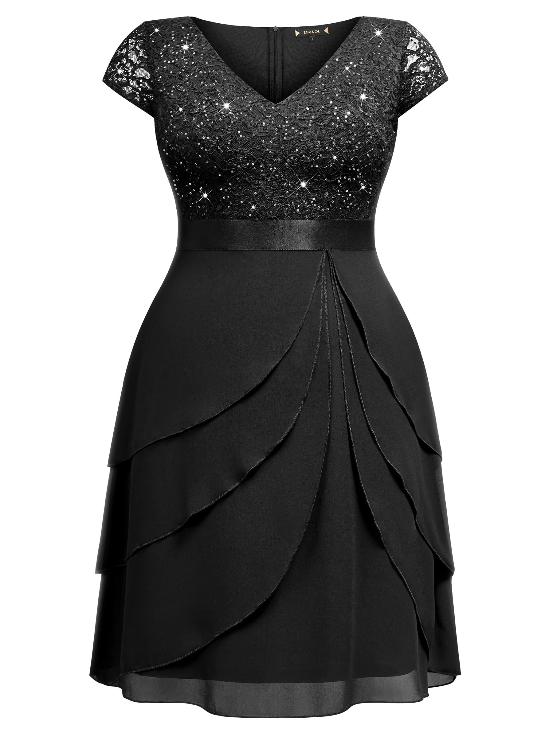 Miusol Women's Plus Size Sequin Lace V Neck Ruffle Tiered Chiffon Cocktail Party Dress