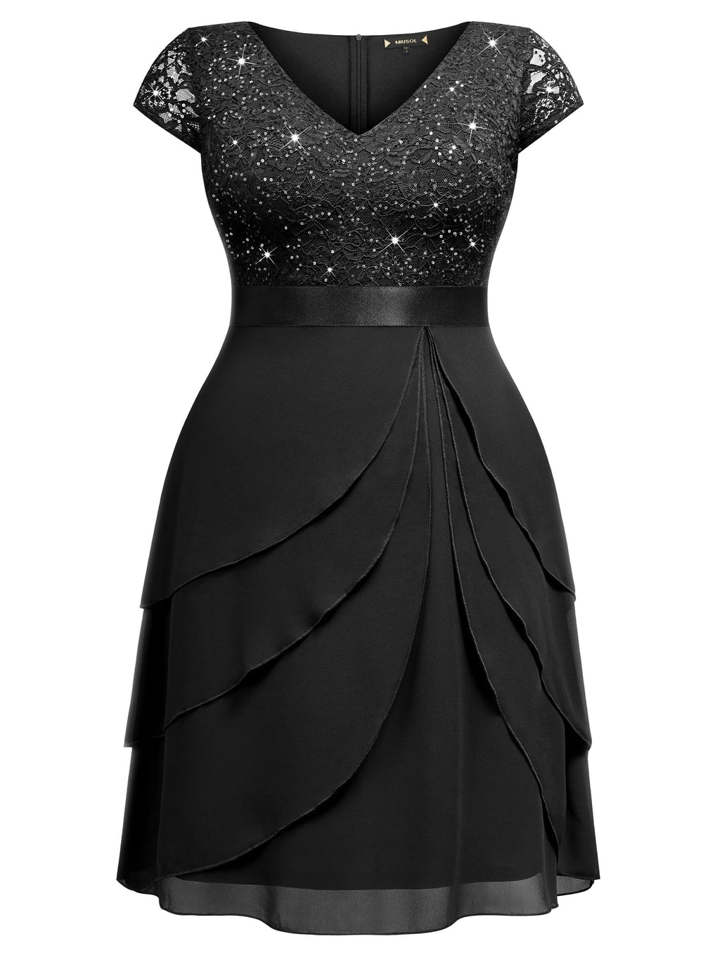 Miusol Women's Plus Size Sequin Lace V Neck Ruffle Tiered Chiffon Cocktail Party Dress