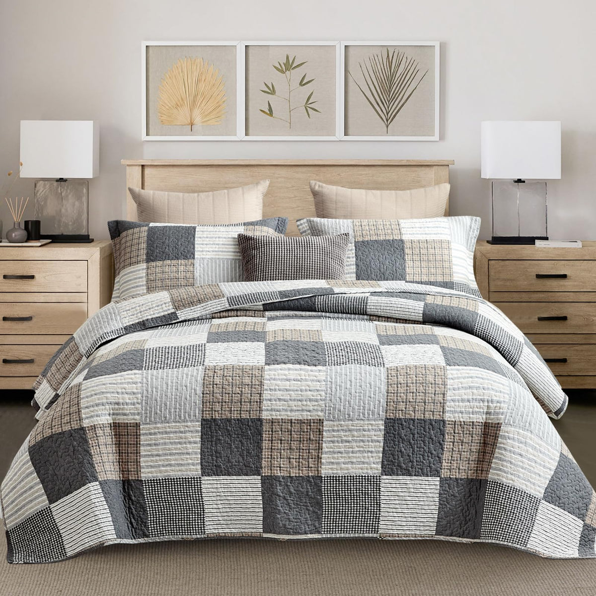 Y-PLWOMEN 100% Cotton Farmhouse Plaid Lightweight 3-Pieces Quilt Set (Blue Brown, Queen90 * 98 Inch)