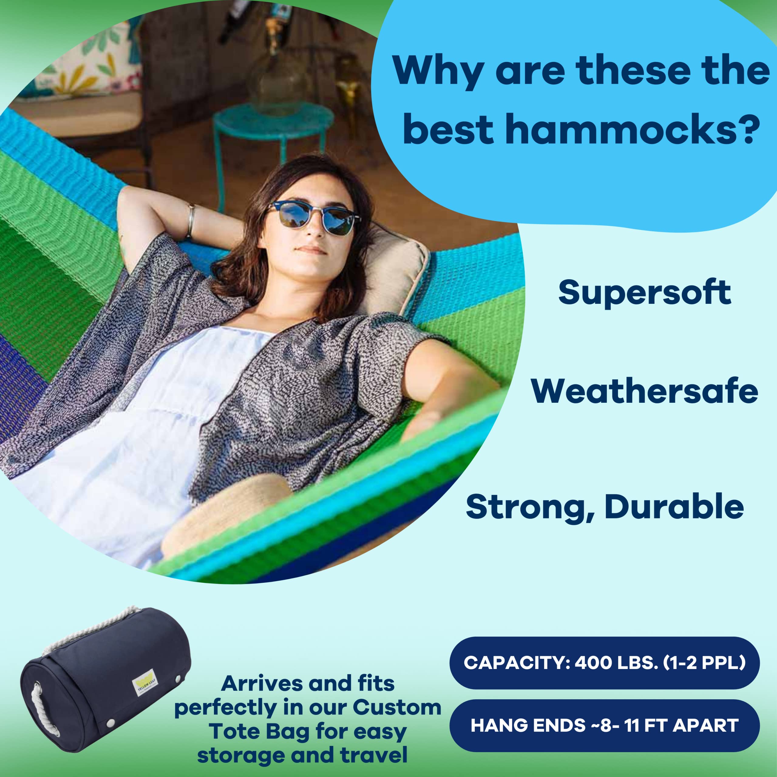 Handwoven Hammock by Yellow Leaf Hammocks - Double Size, Fits 1-2 PPL, 400lb max - Weathersafe, Super Strong, Easy to Hang, Ultra Soft, Artisan Made - Color: Natural Khaki