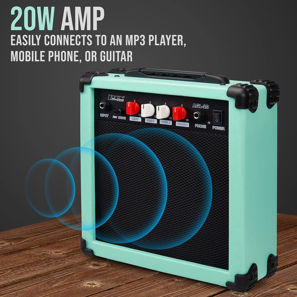LyxPro Electric Guitar Amp 20 Watt Amplifier Built in Speaker Headphone Jack and Aux Input Includes Gain Bass Treble Volume and Grind - Black
