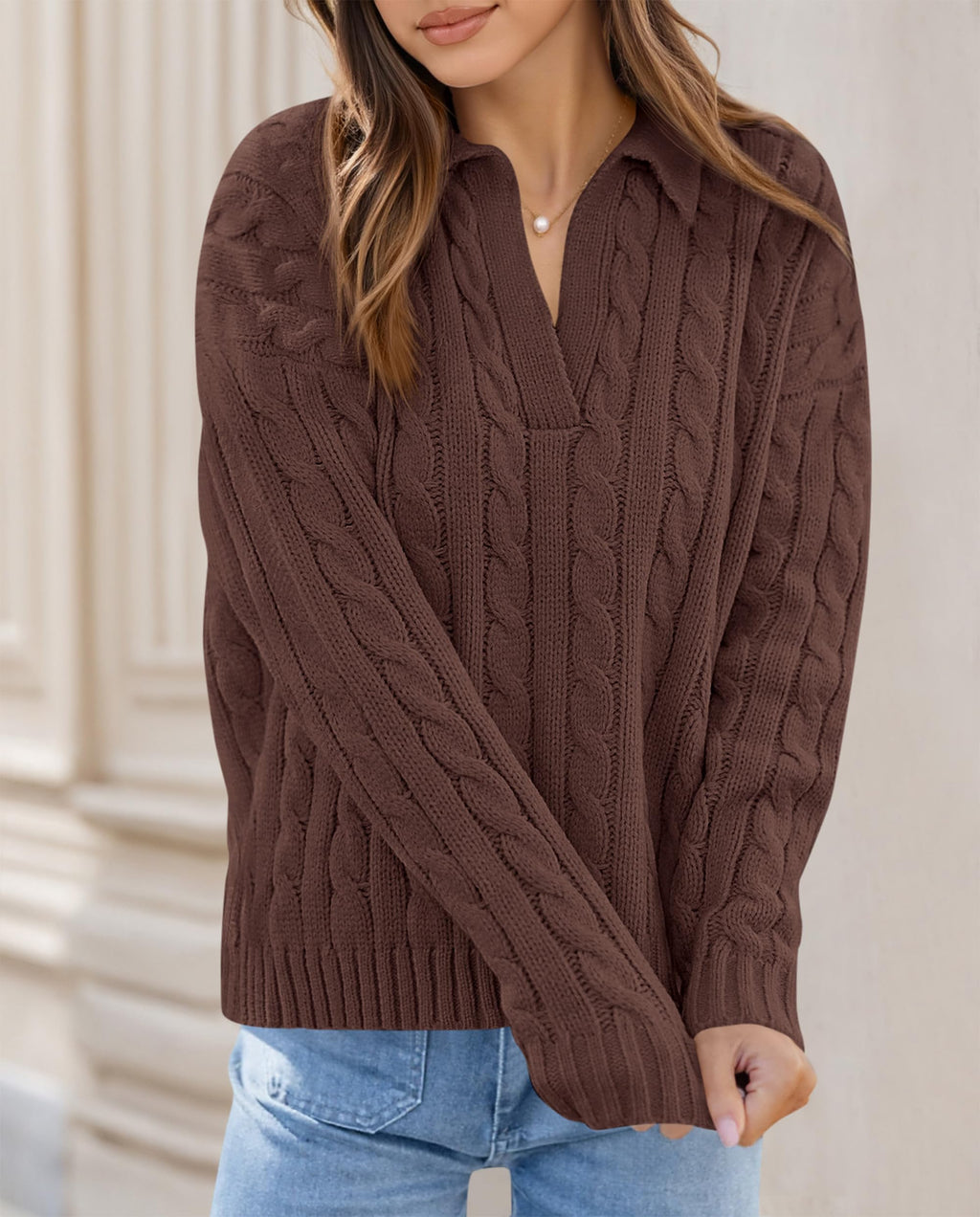 PRETTYGARDEN Spring Cable Knit Oversized Sweaters for Women 2026 Polo V Neck Long Sleeve Casual Chunky Sweater Pullover Tops