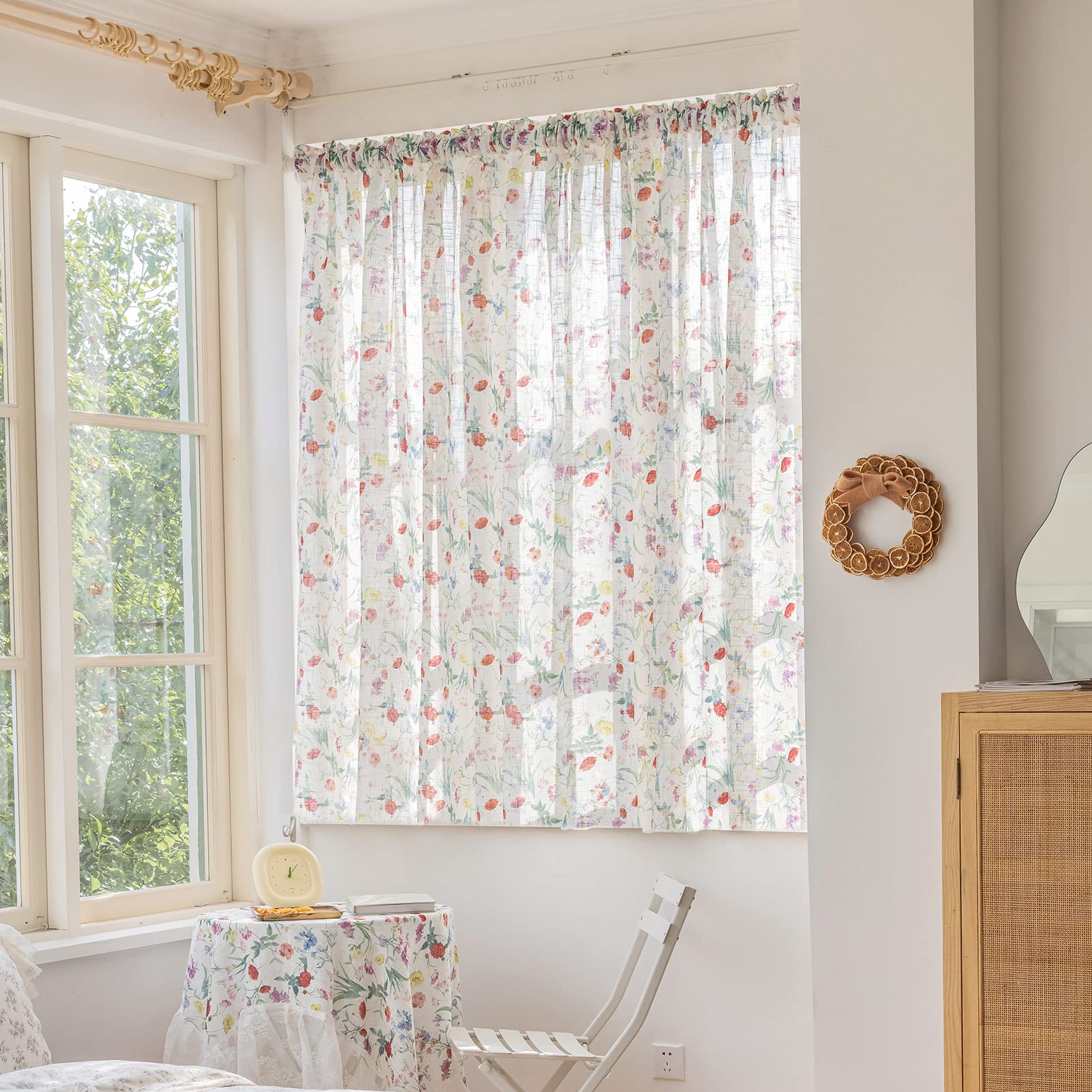 SUOUO Blue Leaf Semi Sheer White Curtains for Bedroom Dining Living Room Linen Textured 84 inches Long Rod Pocket Boho Window Drapes 2 Panels