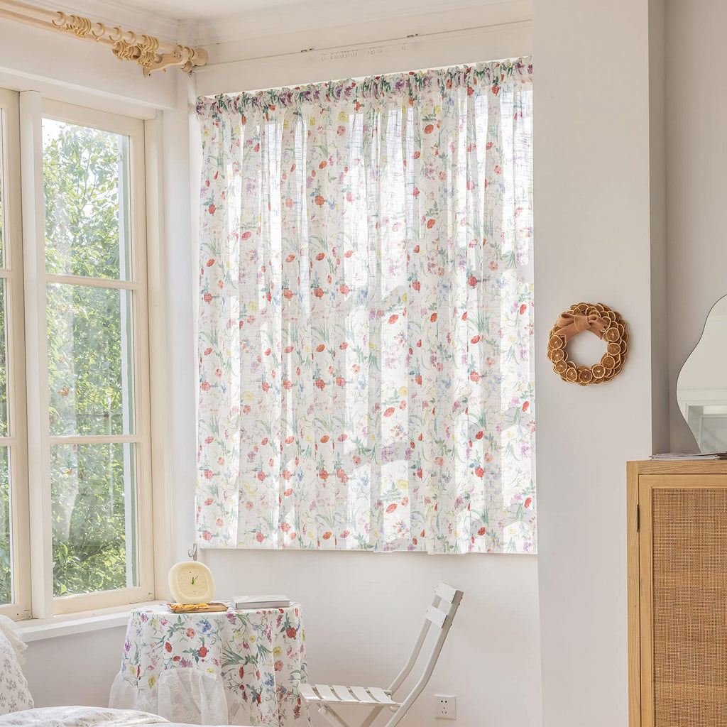 SUOUO Blue Leaf Semi Sheer White Curtains for Bedroom Dining Living Room Linen Textured 84 inches Long Rod Pocket Boho Window Drapes 2 Panels