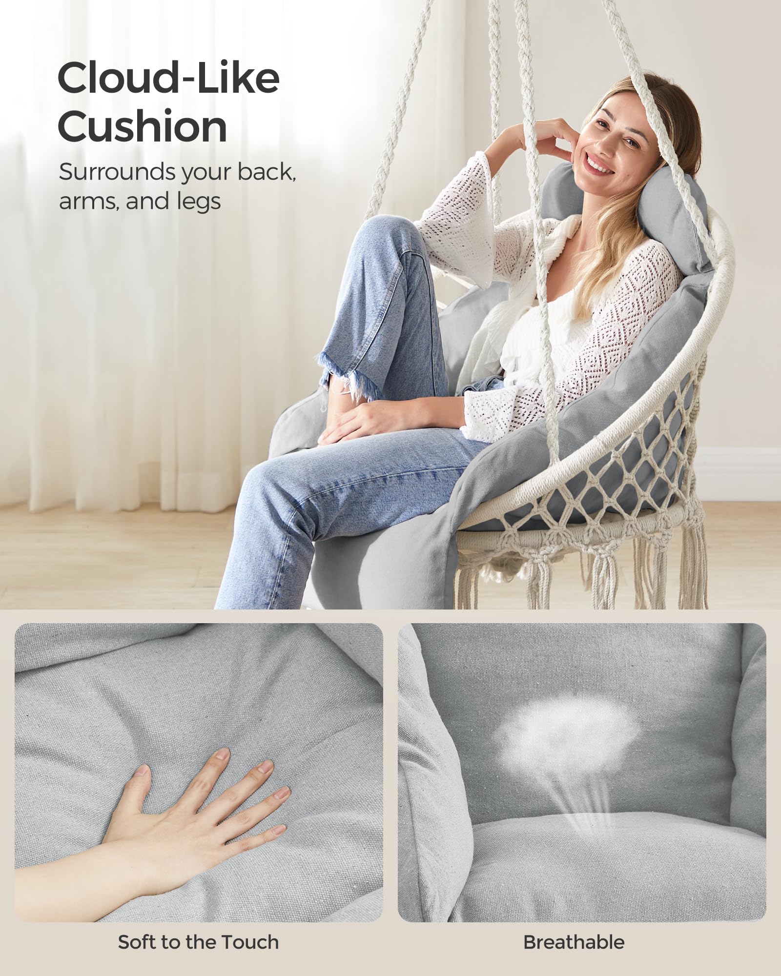 SONGMICS Hanging Chair, Hammock Chair with Large, Thick Cushion, Boho Swing Chair for Bedroom, Patio, Balcony, Garden, Holds up to 264 lb, Accessories Included, Cream White UGDC042M01