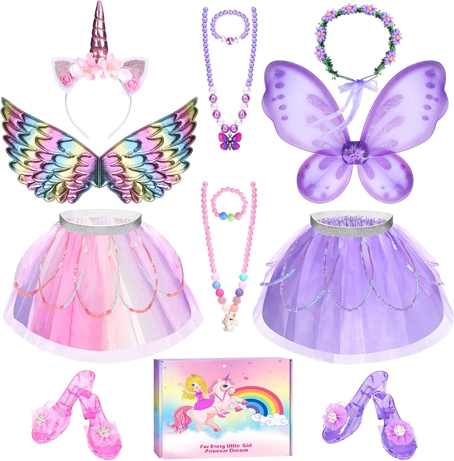 Princess Dress Up for Girls 3-6, Toddler Dress Up Clothes, Unicorn & Flower Hairbands, Princess Shoes Toy, Tutu, Wings, Jewelry, Pretend Play Toddler Girl Toys for Halloween Christmas Birthday Gifts