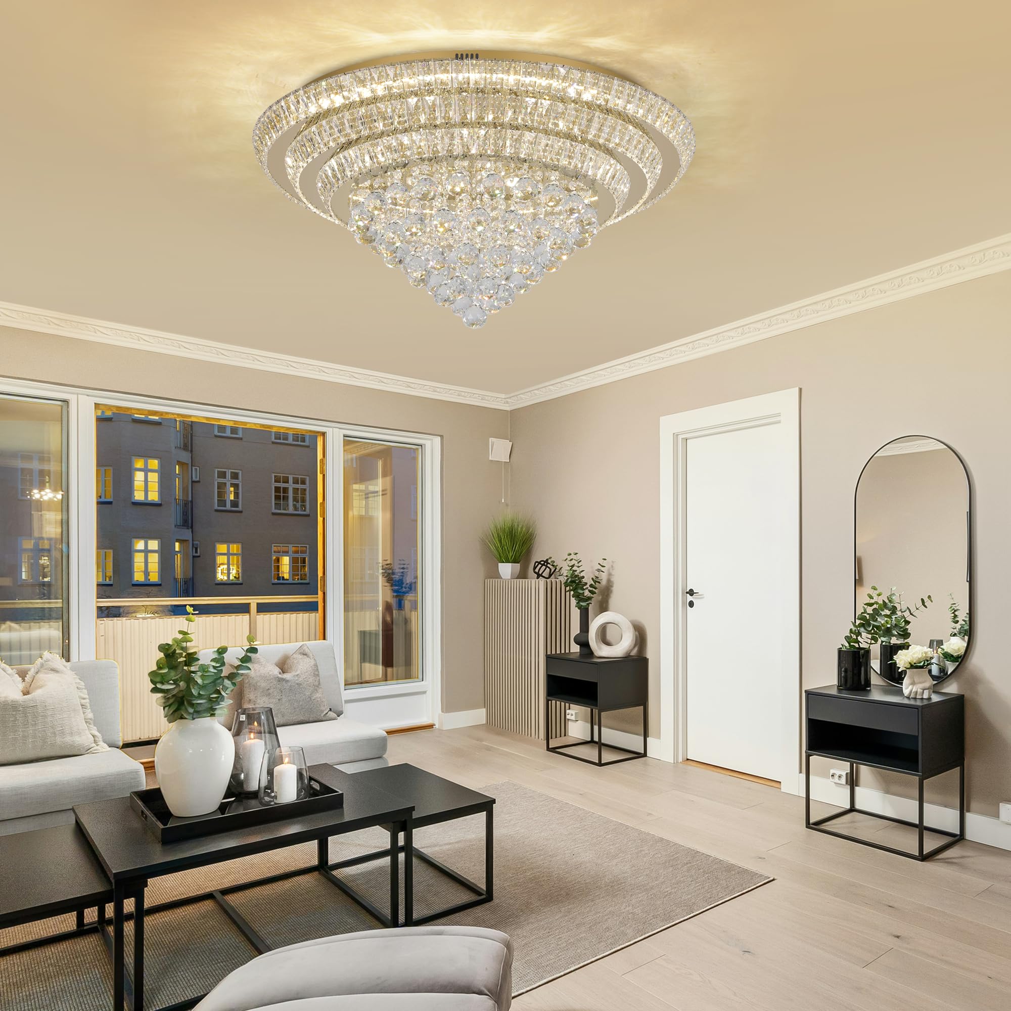 COCOSTAR 20" Gold Crystal Chandeliers, Flush Mount Chandelier LED Ceiling Light, Modern Crystal Raindrop Chandeliers for Dining Room, Living Room, Bedroom