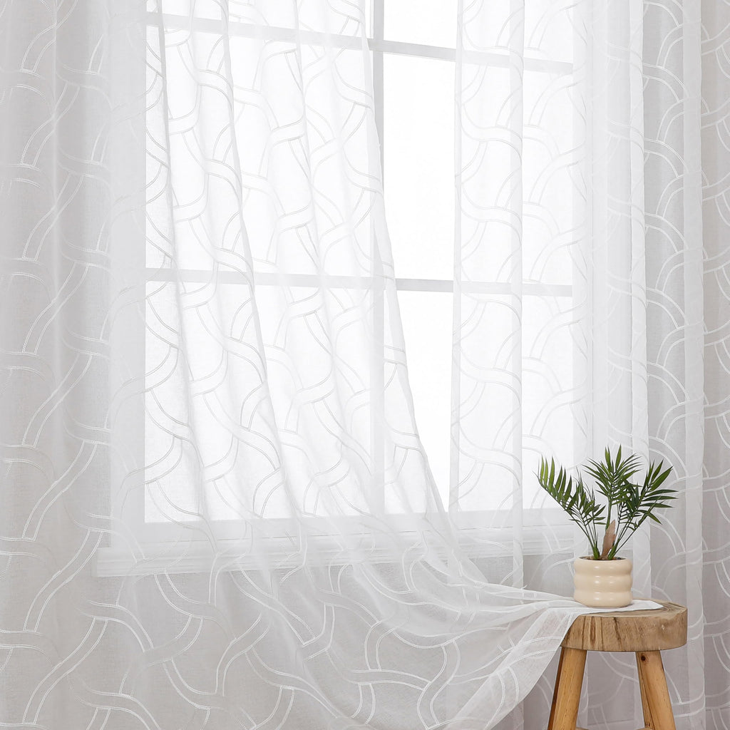VISIONTEX Sheer Curtains 63 Inches Long 2 Panels Set, Beige and Ivory Moroccan Embroidery Texture Geometric Rod Pocket White Voile Tulle Semi Window Treatment Pair for Bedroom, W54 x L63