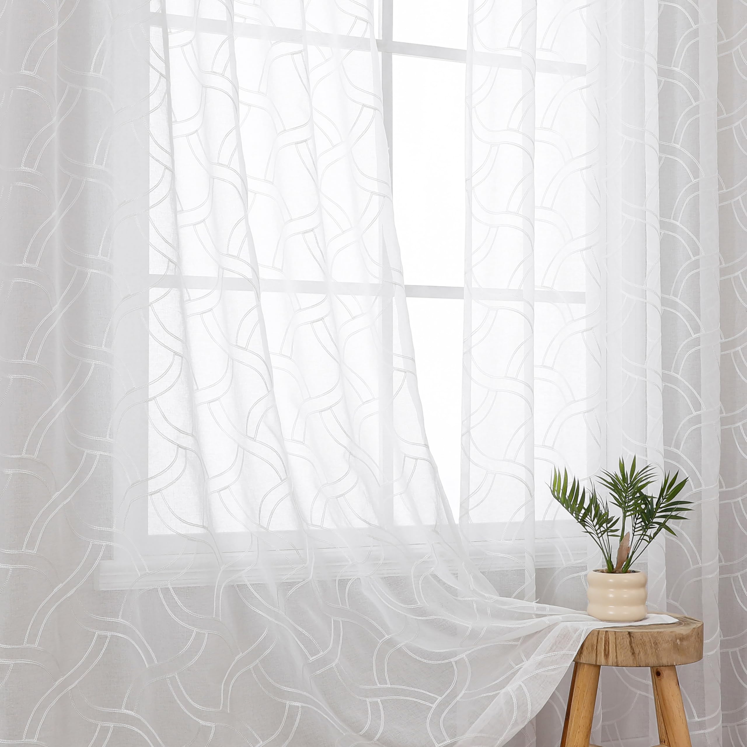 VISIONTEX Sheer Curtains 63 Inches Long 2 Panels Set, Beige and Ivory Moroccan Embroidery Texture Geometric Rod Pocket White Voile Tulle Semi Window Treatment Pair for Bedroom, W54 x L63