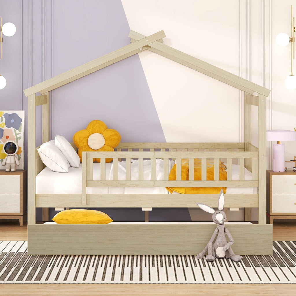 Merax Twin Size Wooden House Bed with Two Drawers, Wood Bed Frame with Roof for Kids, Teens, Boys or Girls, Grey