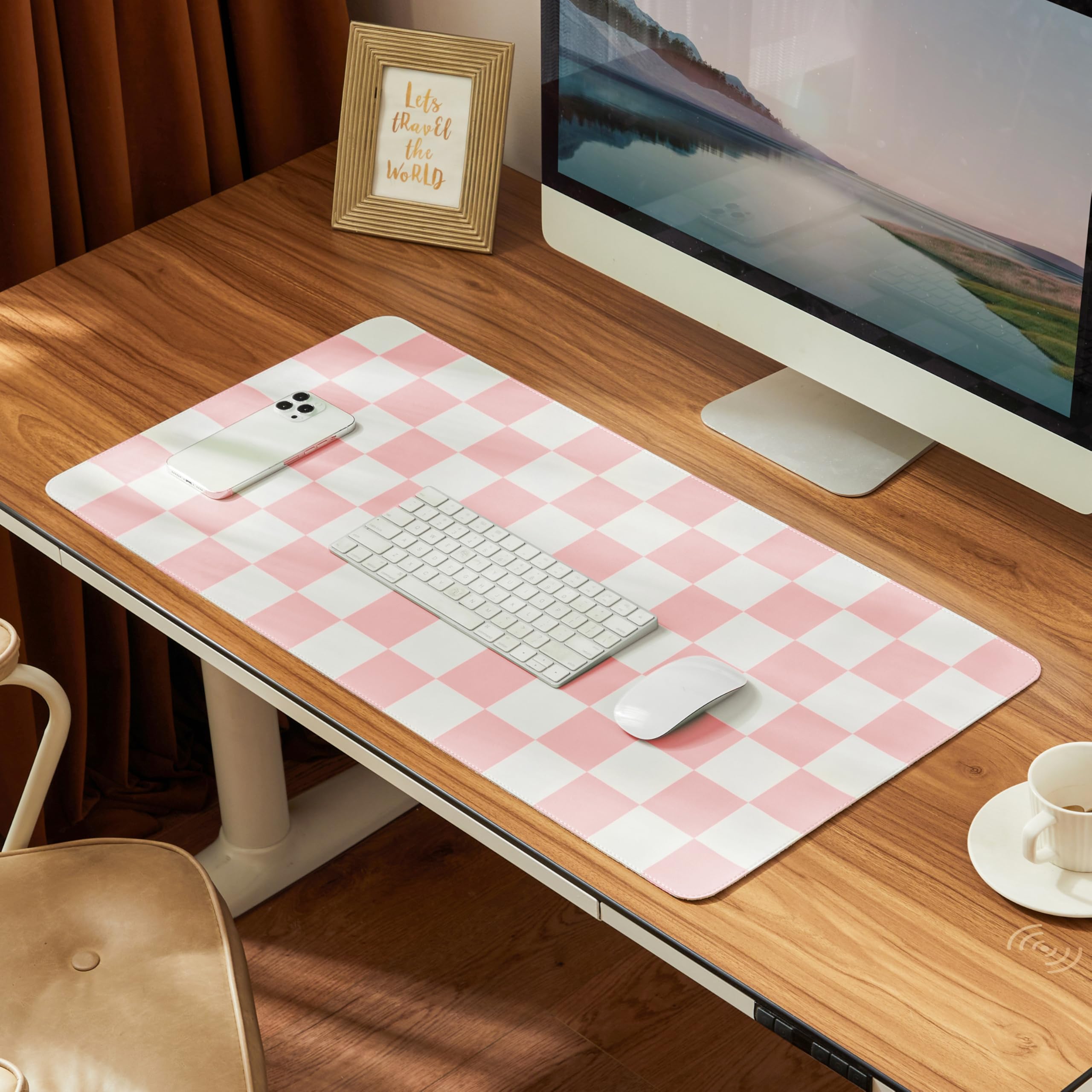 Ohocut Checkered Desk Mat, Large Cute Aesthetic Retro PU Leather Computer Laptop Desk Mat, Non-Slip Waterproof Mouse Keyboard Pad, Desk Writing Mat for Work/Home (Beige, 23.6" x 13.7")
