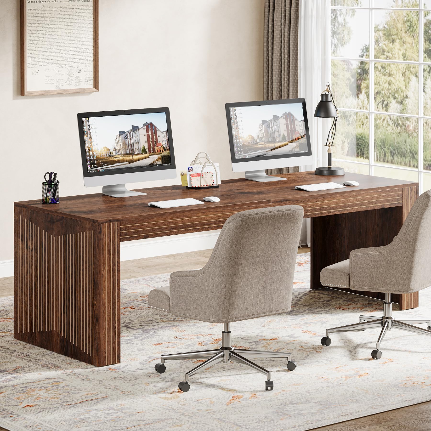 Tribesigns 79-Inch Extra Long Desk, Two Person Double Desk for Home Office, Wooden Long Computer Desk Writing Table for Office, Coffee Brown