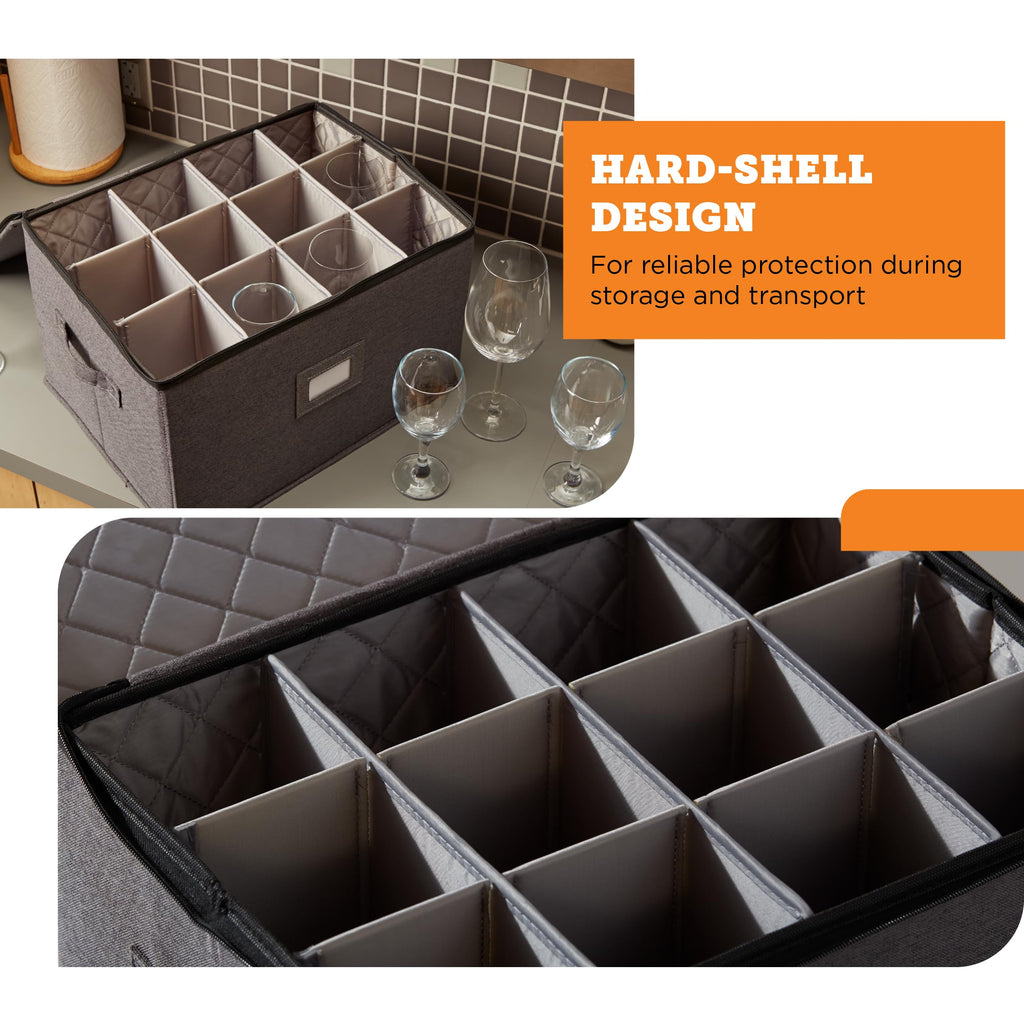 storageLAB Wine Glass Storage Containers, Hard Shell Organizer for Stemware and Glassware Sets, Stackable Wine Glass Storage Box with Dividers for Kitchen and Moving Supplies - 1 Pack, Cream