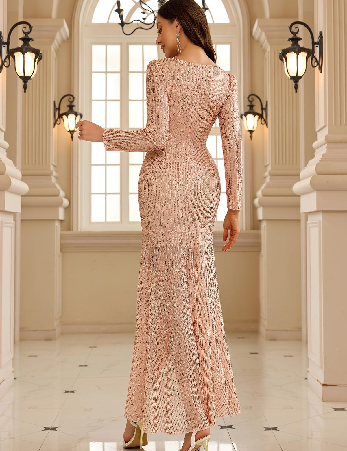 COOAN Women's Long Sequin Formal Dresses Long-Sleeve Cocktail Wedding Guest Dresses Elegant V Neck Party Gowns