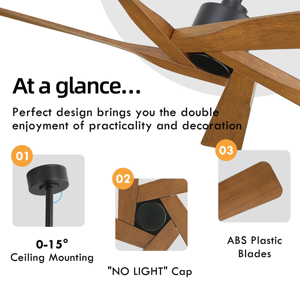 WINGBO 54" ABS DC Ceiling Fan No Light, 5 Blade Wood Grain ABS Ceiling Fan with Remote, 6-Speed Reversible DC Motor, Ceiling Fans without Light for Kitchen Bedroom Living Room, Antique Nickel and Grey