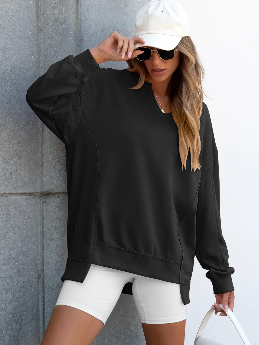ANRABESS Women's Long Sleeve V-Neck Oversized Sweatshirts | Soft Lightweight Loose Fit Pullover Tops, Casual School Workout Office Tunic Shirts, Teen Girls Outfit, Fall Winter Clothes