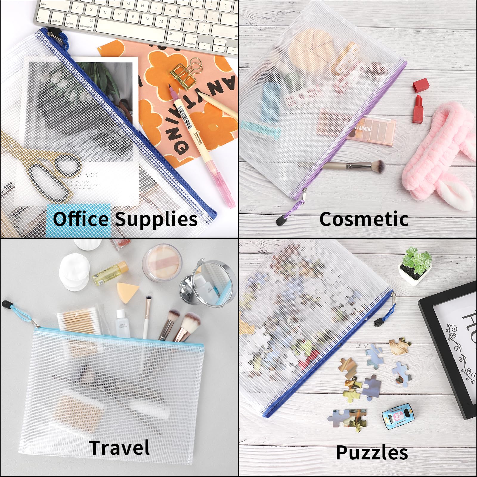 EOOUT 24pcs Mesh Zipper Pouch Bags A3 Extra Large Document Bag with Label Pocket, 16.9x12 Inches, Plastic Zip File Folders, Puzzles, Board Game Storage for Organizing Office Home