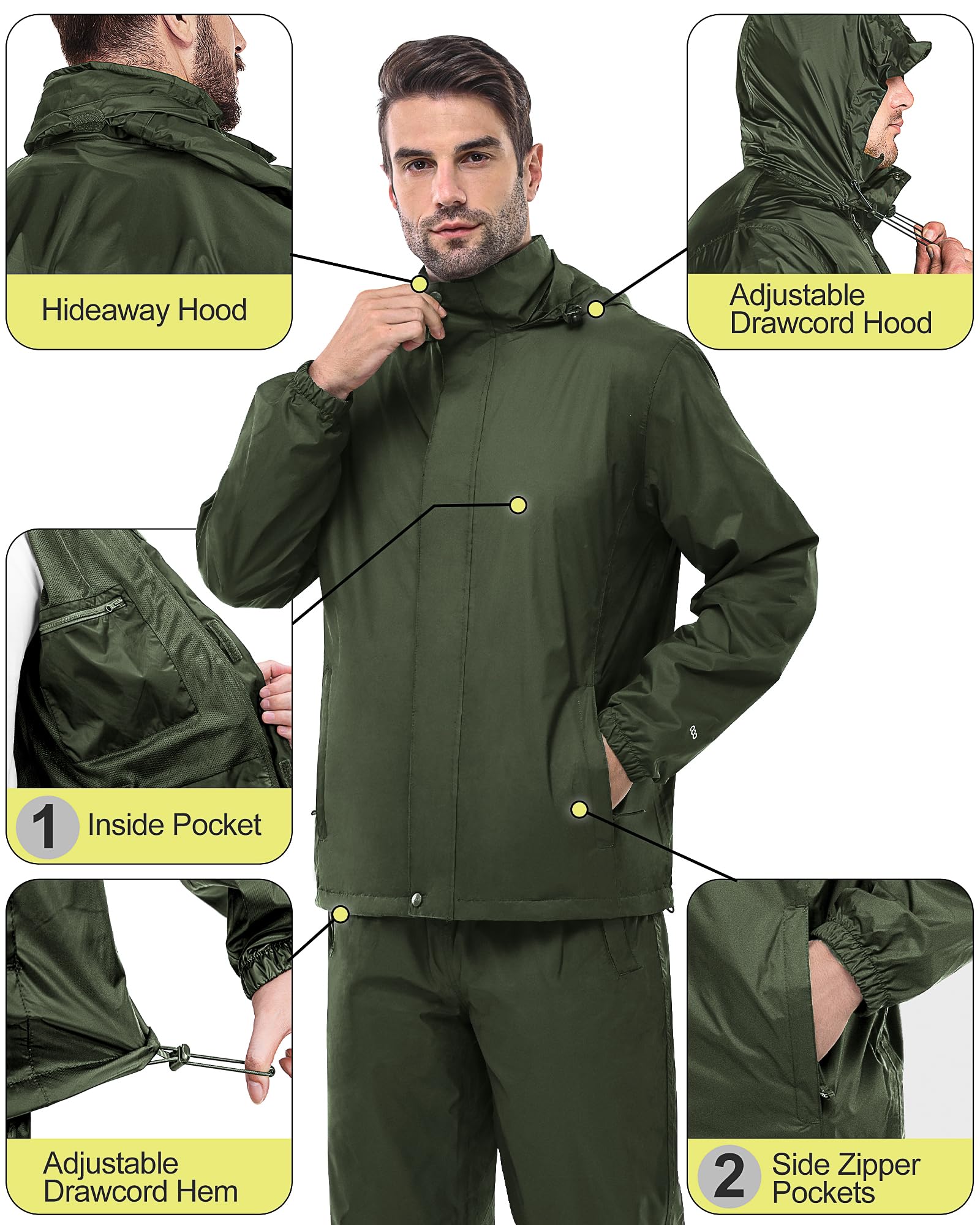 33,000ft Men's Rain Suit Packable Waterproof Lightweight Rain Gear for Golf Hiking Cycling 2 Pieces(Rain Jackets and Pants)