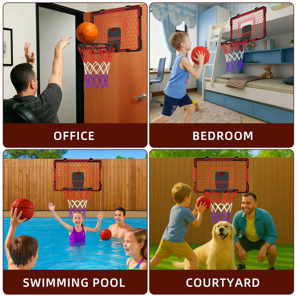 Molutsody Over The Door Basketball Hoop, for Kids (Blue) | Mini Hoop with LED Light & Scoreboard. Includes 3 Balls & Air Pump. Gifts for 4-12 Year Old Boys Girls