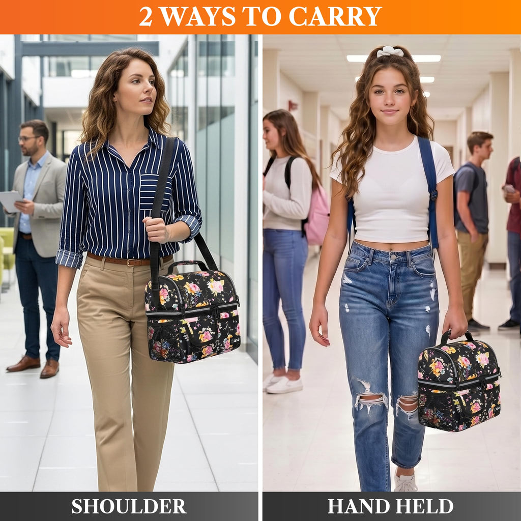 opux Insulated Lunch Bag Women Men, Dual Compartment Leakproof Lunch Box Adults Kids, Double Decker Meal Prep Bento Lunch Cooler Tote with Shoulder Strap for Work Office School Travel, Black
