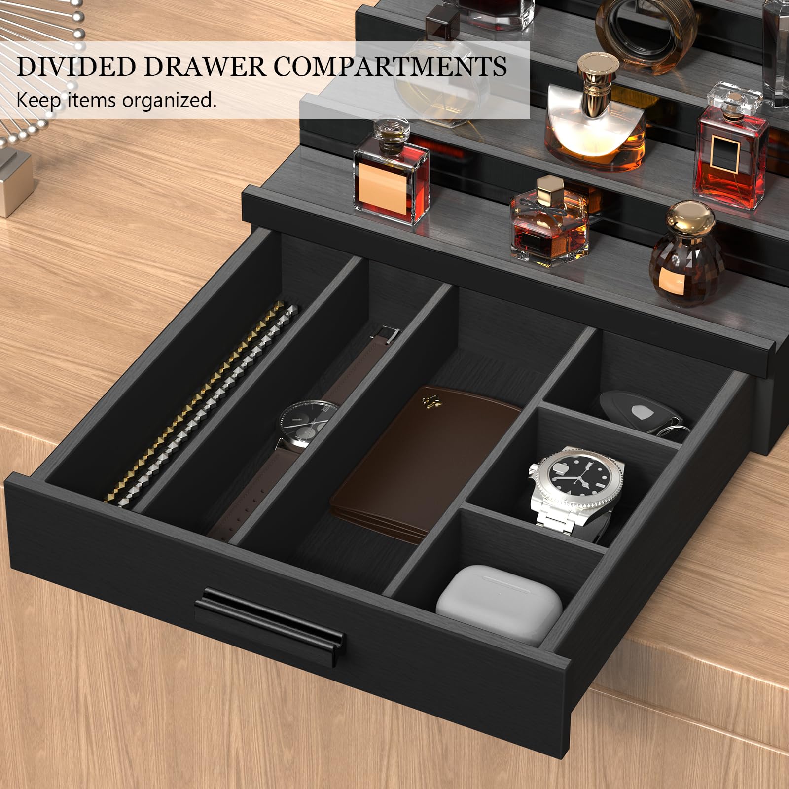 Wooden Cologne Organizer for Men 4 Tier of Perfume Display Holder of Drawer & 2 Hidden Compartments Larger Storage Space Mens Perfume Organizer Shelf Stand,Gift for Man (4T-Black Walnut)
