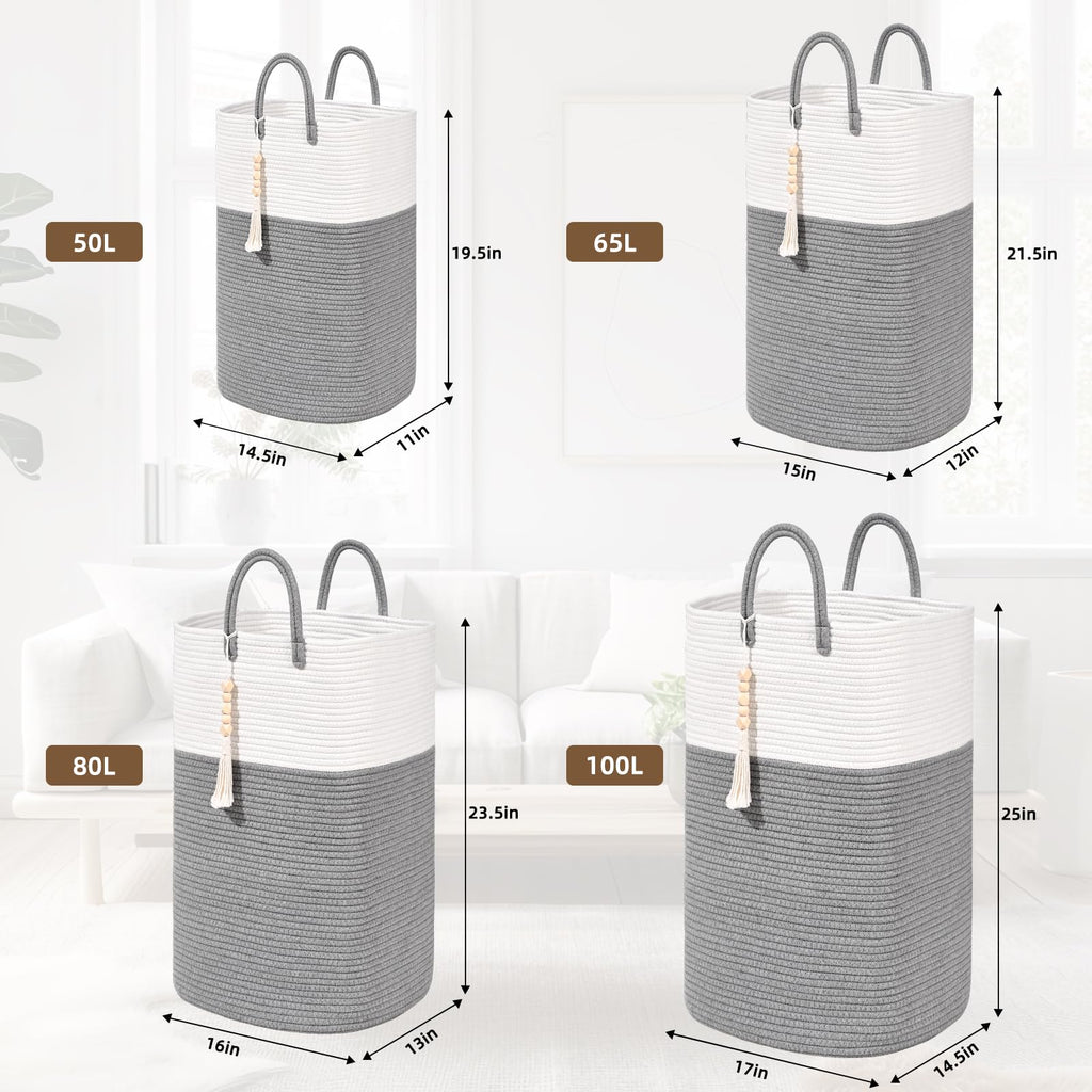 Woven Laundry Basket for Clothes, 50L Large Rectangle Laundry Hampers with Beads Tassel, Nursery Storage Basket for Toys, Tall Dirty Clothes Hamper for Bedroom Aesthetic, Laundry Room Organization