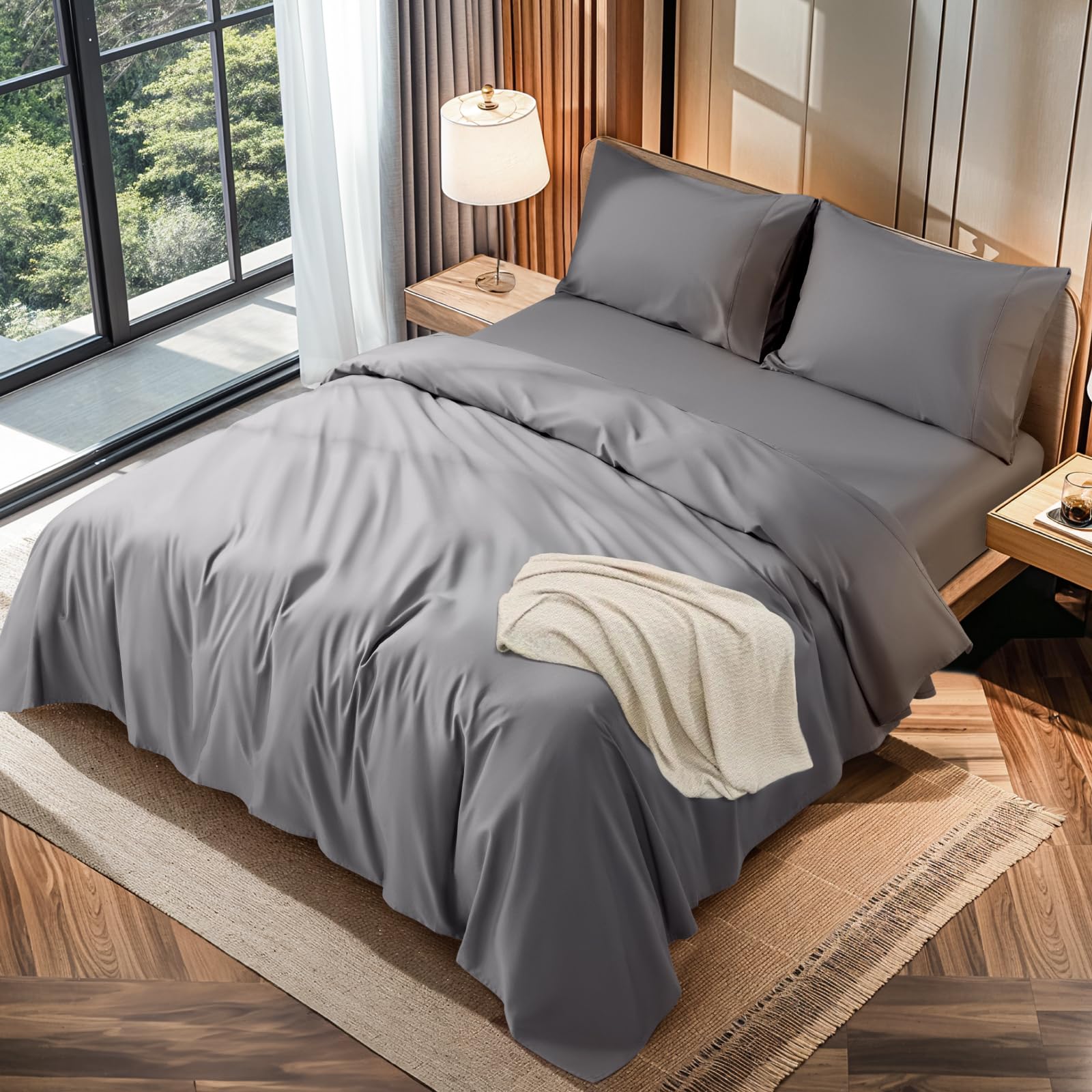 LBRO2M 100% Cotton 1200 Thread Count Full Size Sheets Set,16 inches Deep Pocket,Bed Sheet 4 Piece Sets (Black, Full)