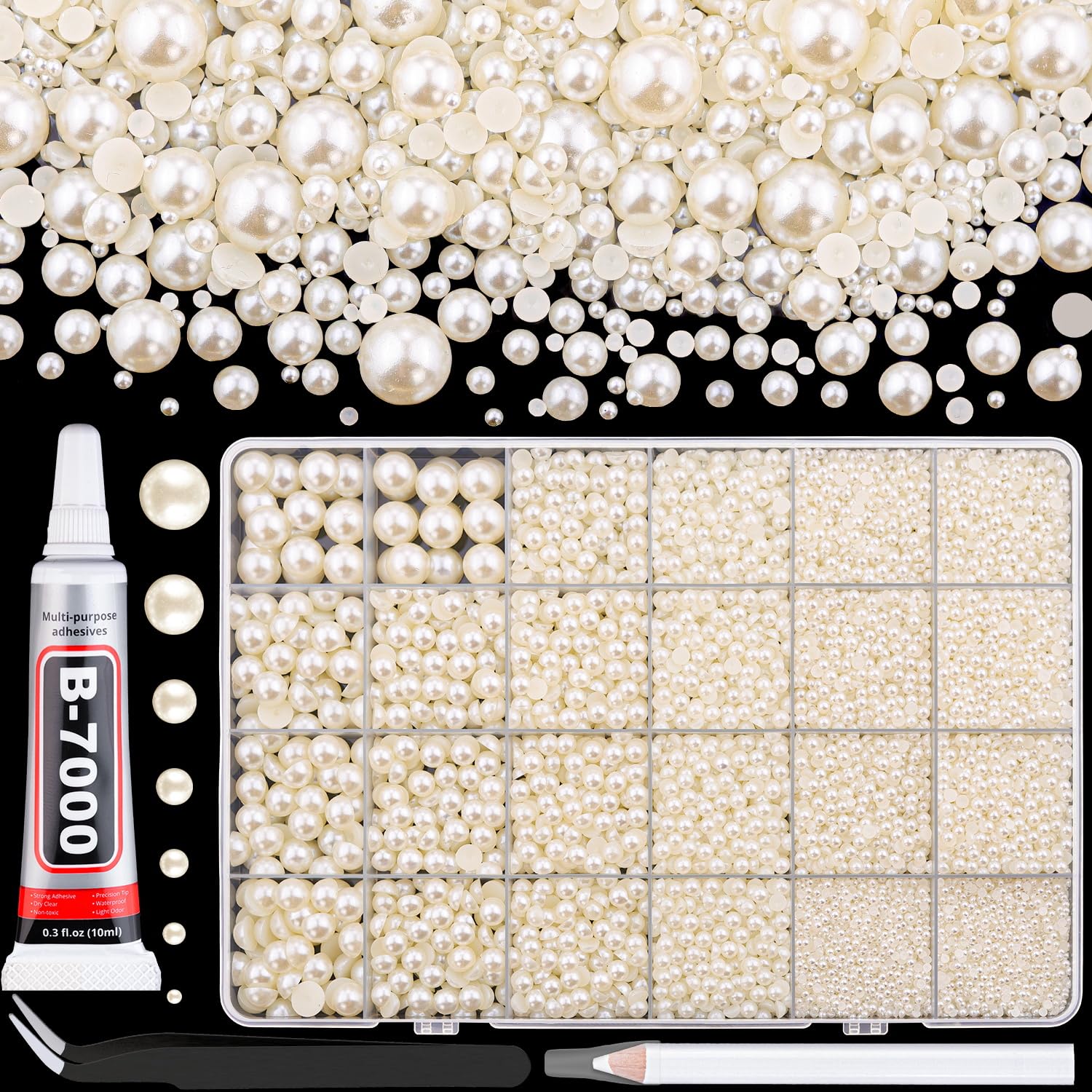 BELLEBOOST 5600pcs ABS Round Flat Back Beige Pearls Kit with Pickup Tools for Nail Art, Face, Body Decorations