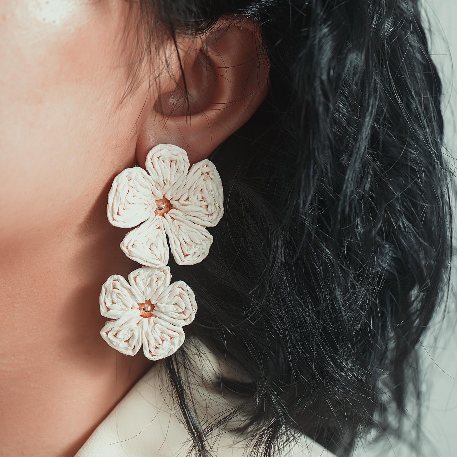 Boho Flower Earrings Statement Raffia Dangle Earrings Cute Floral Jewelry Trendy Summer Beach Vacation Outfits for Women